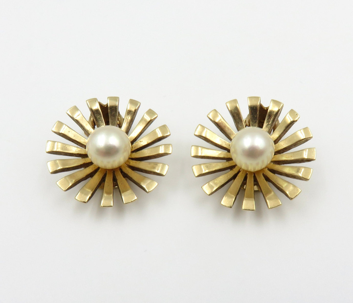 Mid Century 14kt Gold Starburst and Cultured Pearl Earrings