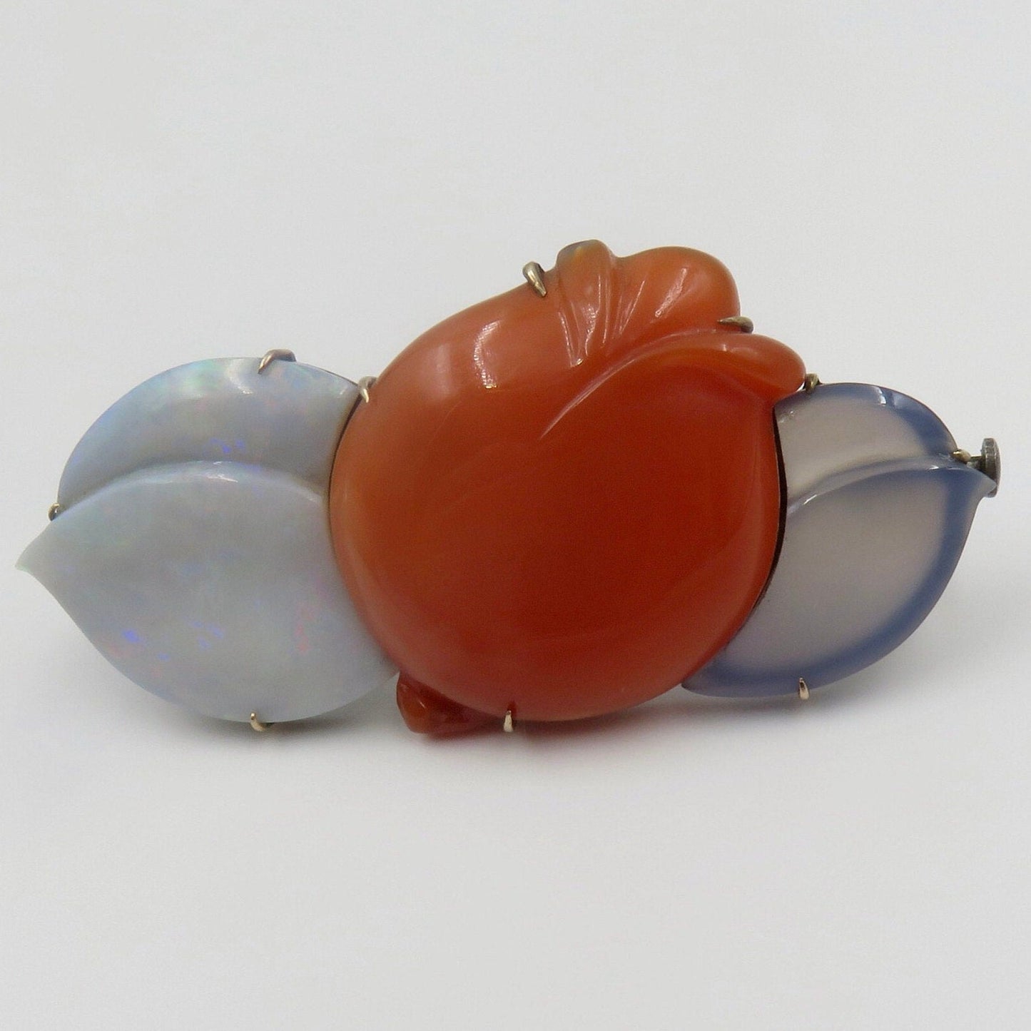 Arts and Crafts Era Opal Doublet, Carnelian and Chalcedony Flower Brooch