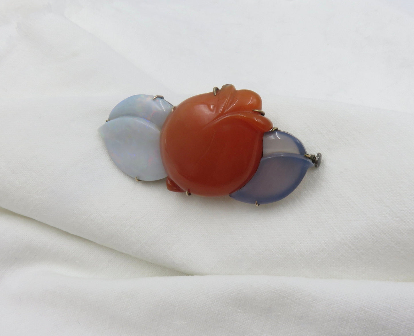 Arts and Crafts Era Opal Doublet, Carnelian and Chalcedony Flower Brooch