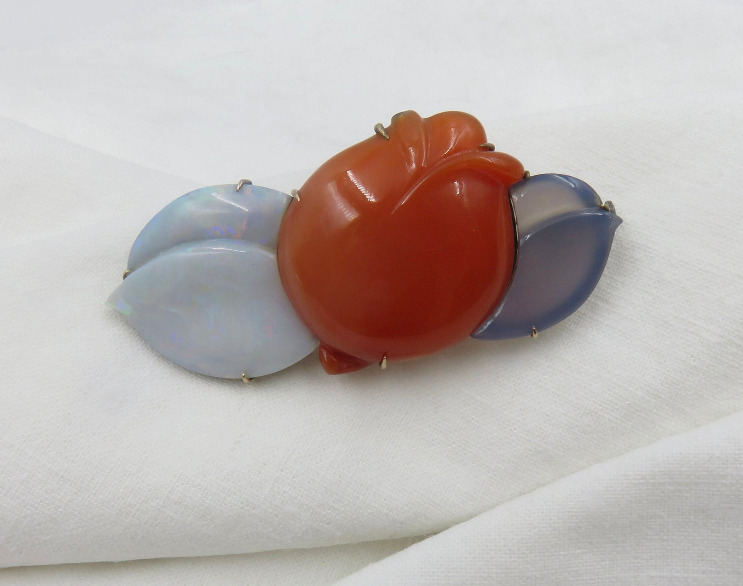 Arts and Crafts Era Opal Doublet, Carnelian and Chalcedony Flower Brooch