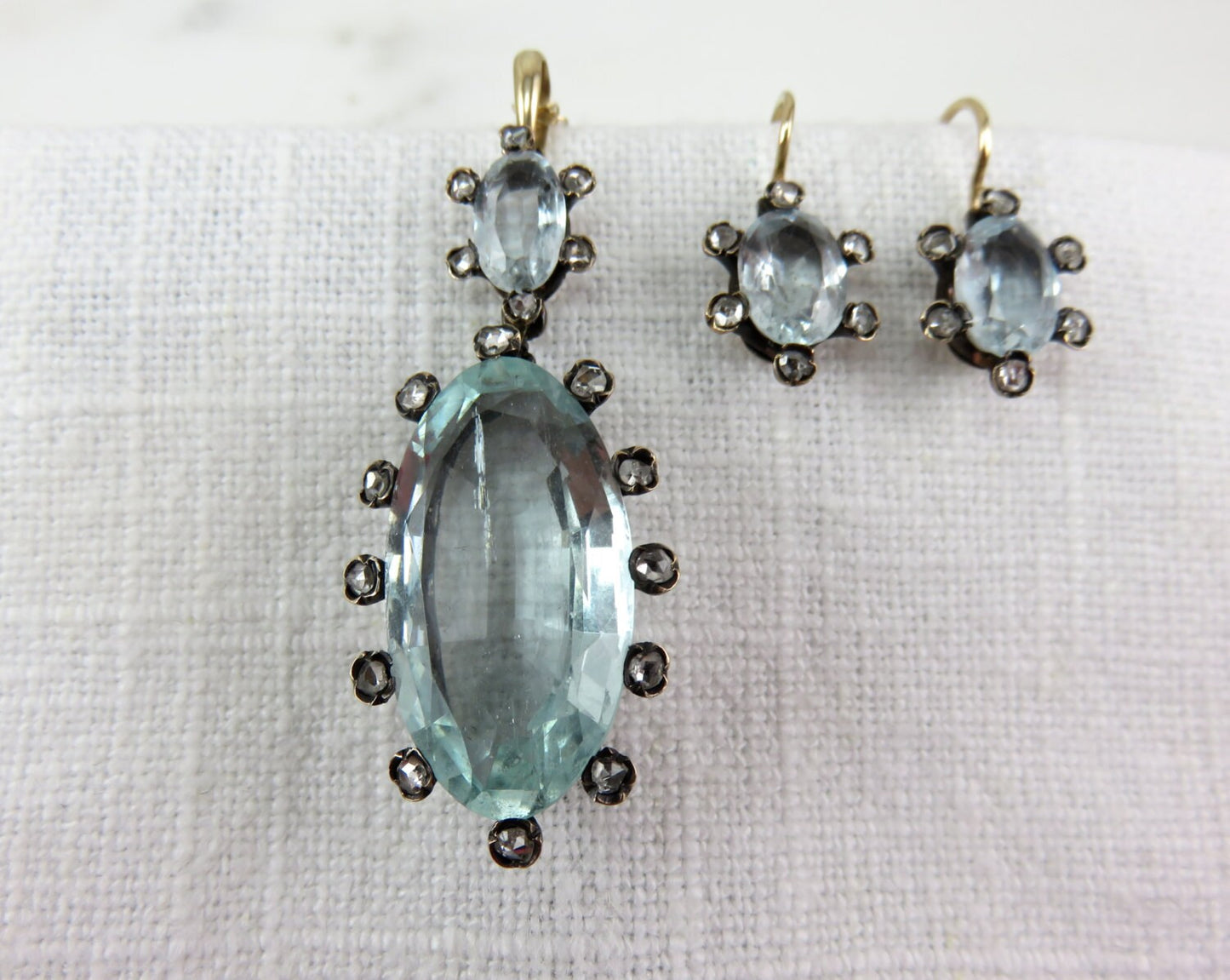 Circa Mid-Victorian Aquamarine and Rose Cut Diamond Pendant and Earring Set